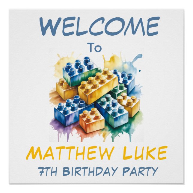 Póster Building Block Splash Boy Birthday Party Welcome  (Anverso)