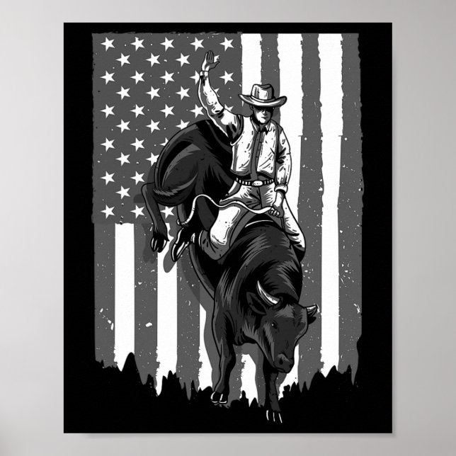 Póster Bull De Bandera Estadounidense Montando Vaquero 4  (Frente)