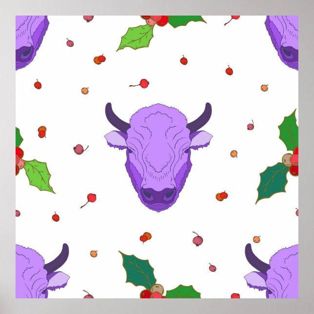 Póster Bull, holly, mistletoe y bayas. El símbolo de (Frente)