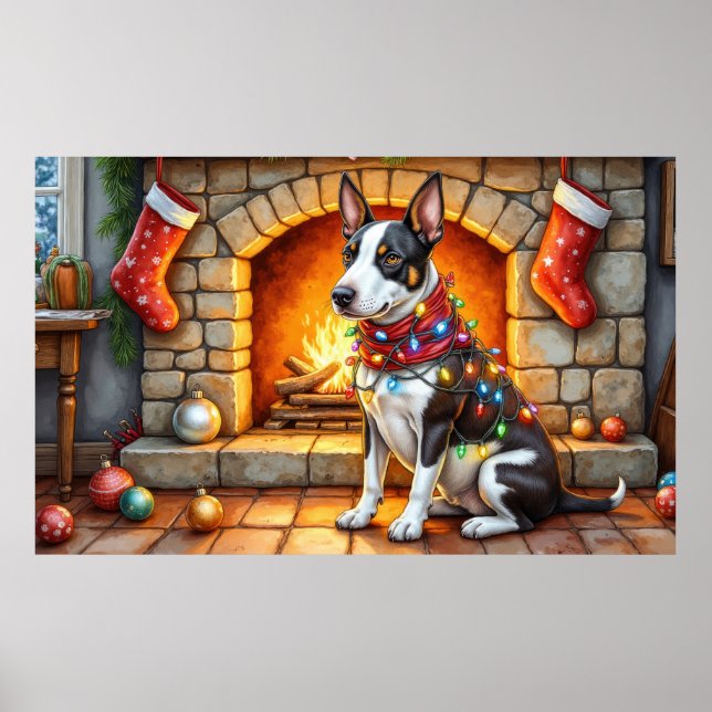 Póster Bull Terrier Chimenea con Luces de Navidad (Frente)