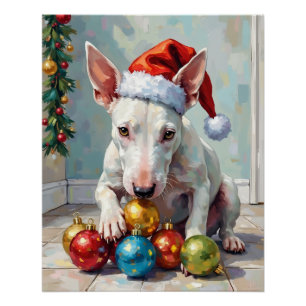 Póster Bull Terrier Juguetón Custodiando la Navidad