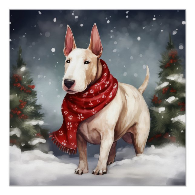 Póster Bull Terrier Perro en Navidad Nieve  (Anverso)