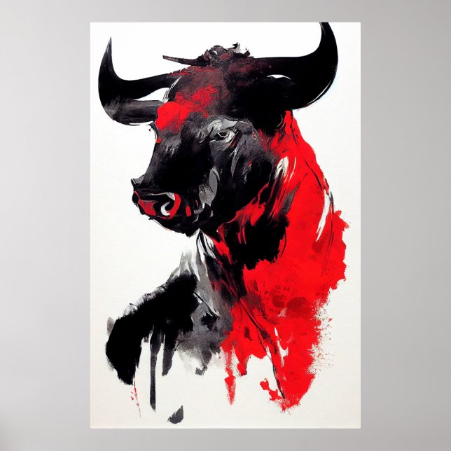 Póster Bull Wild Nature Free Spirit Art Pintura de pincel (Frente)