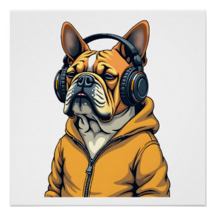 Póster Bulldog Antiguo con Auriculares que Lleva Sudadera