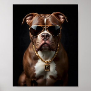 Póster Bulldog de foso con vidrio solar y cadena dorada