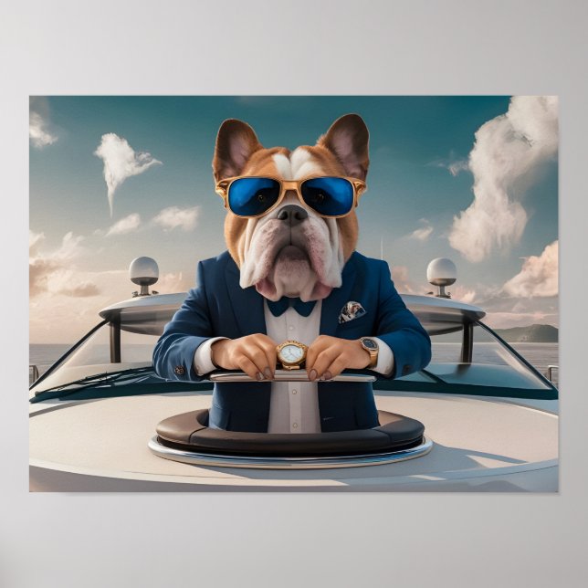 Póster Bulldog de lujo en yate privado con champán (Frente)