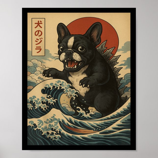 Póster Bulldog de Monstruo de Ola Retro Japonesa (Frente)