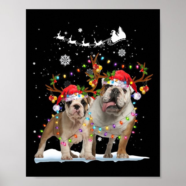 Póster Bulldog de reno Santa Hat Xmas alumbró a Navidades (Frente)