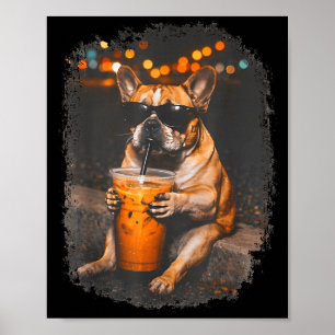Póster Bulldog divertido bebiendo café helado meme de ani