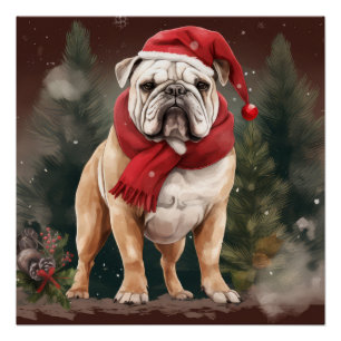 Póster Bulldog en Navidades de nieve
