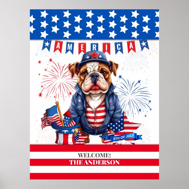 Póster Bulldog Feliz 4 De Julio Día De La Independencia D (Frente)