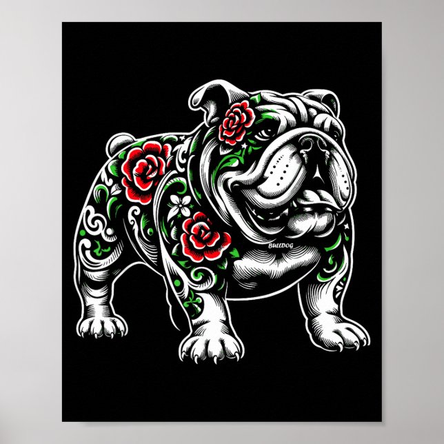 Póster Bulldog Floral Red Rose Mens Womens  (Frente)