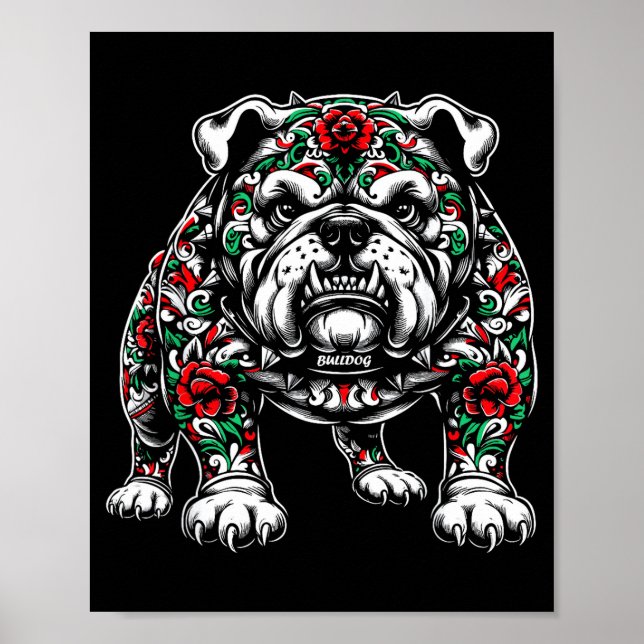 Póster Bulldog Floral Red Rose Mens Womens  (Frente)