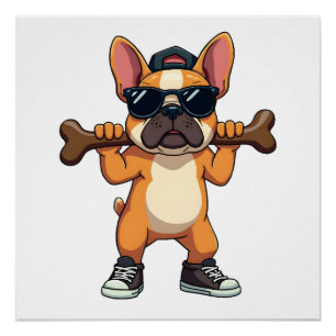 Póster Bulldog Francés Antiguo y Genial con Hueso de Dibu
