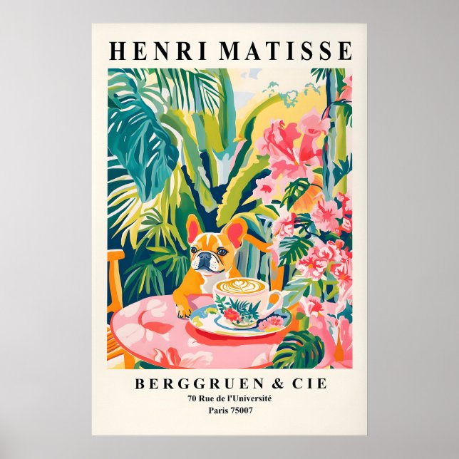 Póster Bulldog Francés Bebiendo Café Estilo Matisse (Frente)