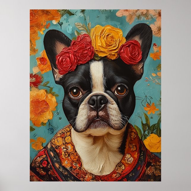 Póster Bulldog francés como Frida Kahlo (Frente)