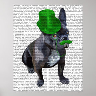 Póster Bulldog francés con sombrero verde superior y bigo