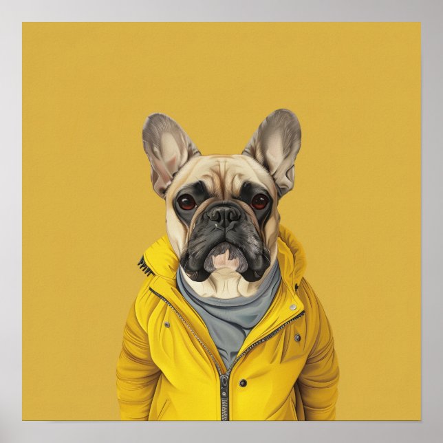 Póster Bulldog francés de moda en chaqueta amarilla (Frente)