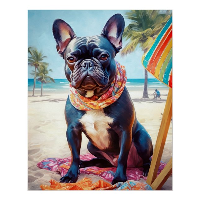 Póster Bulldog francés en la playa, regalo de verano para (Anverso)