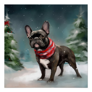 Póster Bulldog francés en Navidades de nieve