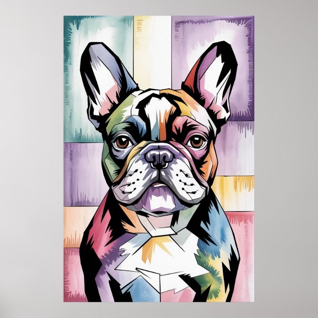 Póster Bulldog Francés Geométrico Neon Mosaico (Frente)