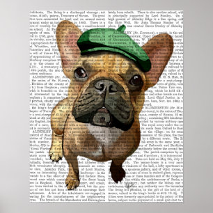 Póster Bulldog francés marrón con Gorra verde