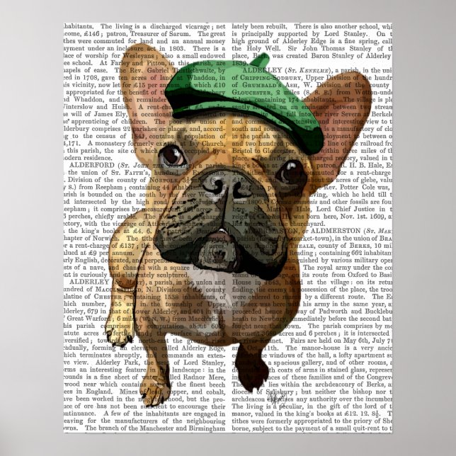 Póster Bulldog francés marrón con Gorra verde (Frente)