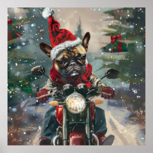 Póster Bulldog Francés Montando Motocicleta Navidad
