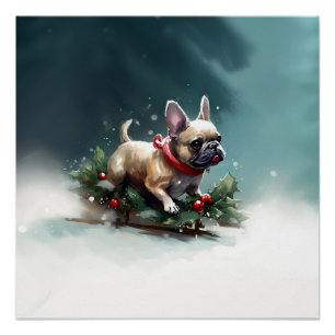 Póster Bulldog Francés Navidad nieve invierno