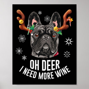 Póster Bulldog Francés Negro Navidad Cuerno de Ciervo Vin