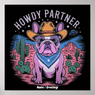 Póster Bulldog Francés Vaquero OVNI Divertido Vintage Occ