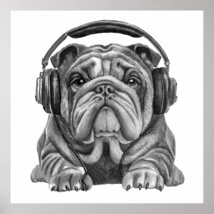 Póster Bulldog inglés con auriculares
