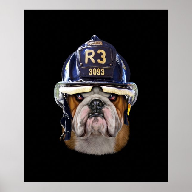 Póster Bulldog inglés gruñón con casco para bomberos (Frente)