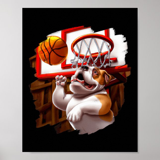 Póster Bulldog inglés jugando baloncesto divertido cances (Frente)