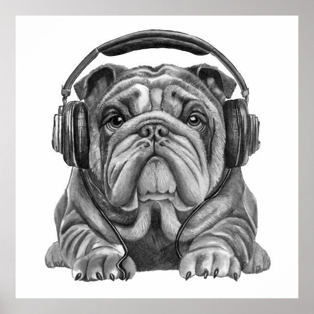 Póster Bulldog inglés lindo con auriculares (Frente)