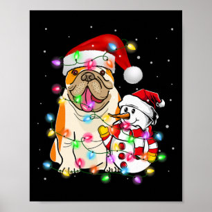 Póster Bulldog inglés Perro Snowman Santa Hat Luces