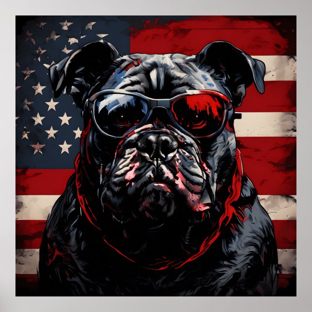 Póster Bulldog patriota con bandera estadounidense el 4 d (Frente)