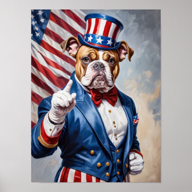 Póster Bulldog patriótico en el Tío Sam pose (Frente)