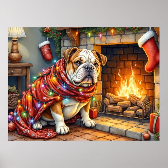 Póster Bulldog Sitting by Fireplace with Christmas Lights (Frente)