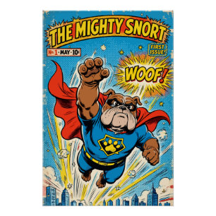 Póster Bulldog Superhero Flying with Cape