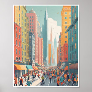 Póster Bullicioso paisaje urbano edificios coloridos call