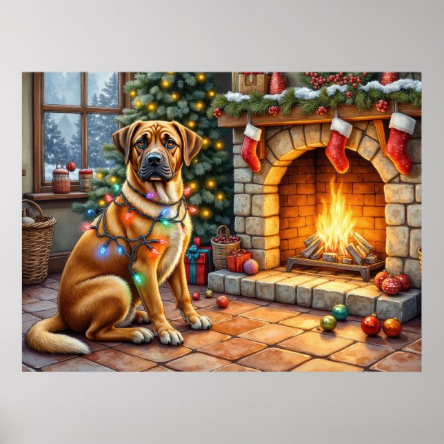 Póster Bullmastiff Chimenea con Luces de Navidad (Frente)