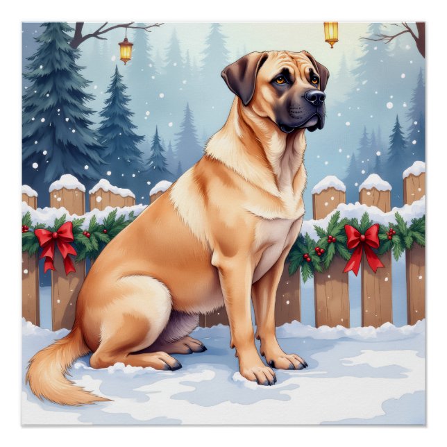 Póster Bullmastiff Winter Forest Holly Christmas Art (Anverso)