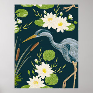 Póster Bulrush Lily Flowers Bird Heron Floral Paisaje