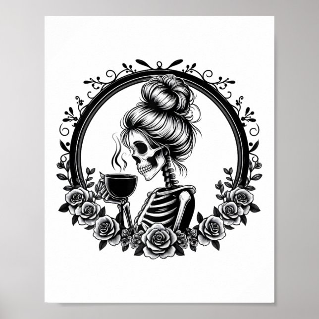 Póster Bun Skeleton Beber café Vintage Halloween Diversió (Frente)