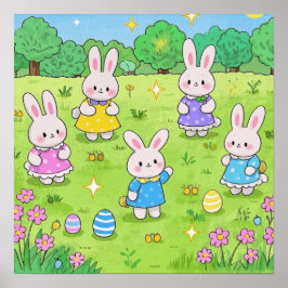 Póster Bunnies de Pascua escondiendo huevos en un jardín