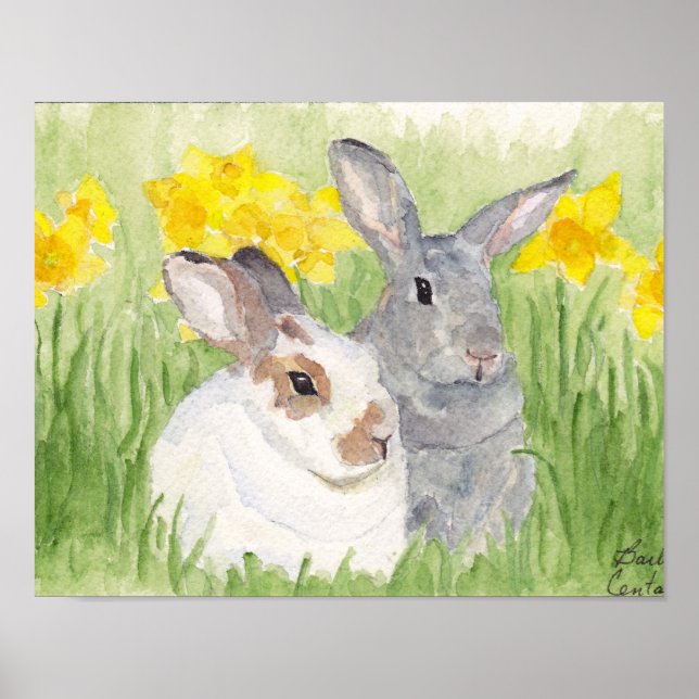 Póster Bunnies de primavera en flores (Frente)