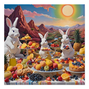 Póster Bunnios blancos con paisaje de frutas