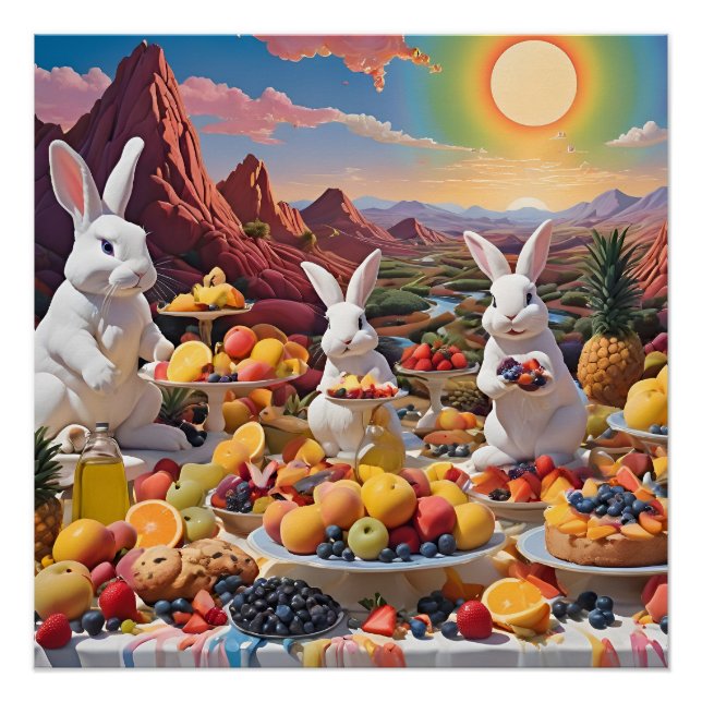 Póster Bunnios blancos con paisaje de frutas (Anverso)