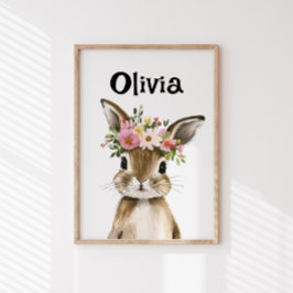 Póster Bunny de bebé personalizado con corona floral